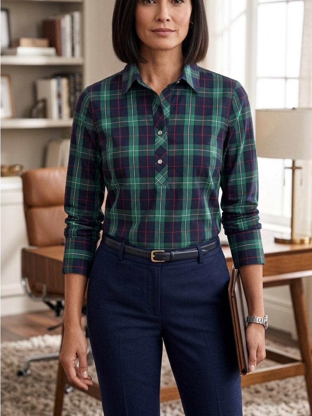 NWOT Talbots Navy and Green Plaid Button-Front Casual Shirt
